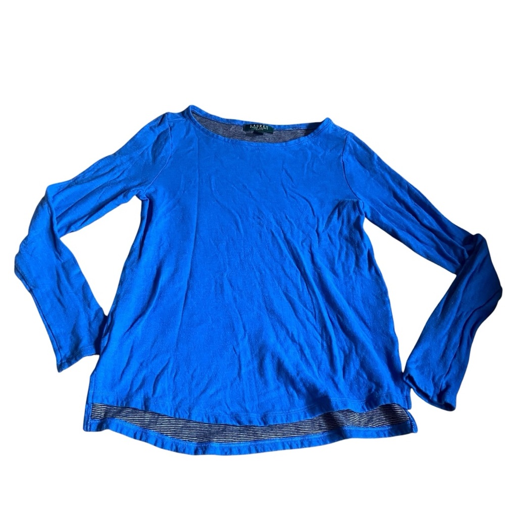 Lauren Ralph Lauren Petite PS Crew Neck Stretch Long Sleeve Pullover Shirt Blue